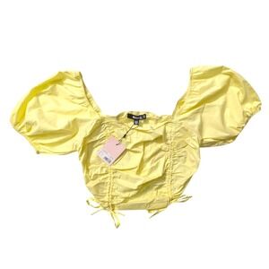 Missguided Lemon Yellow Ruched Crop Top Puff Sleeve Poplin Cottagecore US Size 6